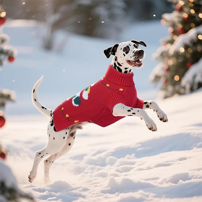 BRKURLEG Christmas Dog Sweaters for Cold Weather, Soft Warm Turtleneck Sweaters for Medium Large Dogs, Xmas New Year Pet Knitted Sweatshirt Outfit for Boston Terrier, Beagle (Red, L)