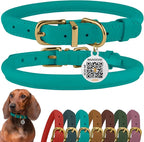 BronzeDog Rolled Leather Dog Collar with QR ID Tag, Adjustable Soft Round Collars for Small Medium Large Dogs Puppy (9" - 11" Neck Size, Turquoise)