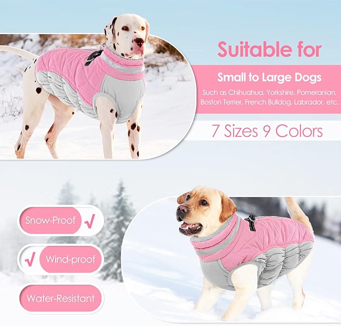AOFITEE Dog Coat, Warm Dog Jackets for Large Dogs, Reflective Turtleneck Dogs Winter Coat with Harness Built in, Waterproof Windproof Pet Snow Jacket Fleece Vest for Cold Weather, Pink XXL