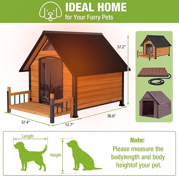 GUTINNEEN Large Heated Dog House Outdoor Insulated Weatherproof Dog Kennel with Heated Pad, Insulated All-Round Thermal Liner, Chew-Proof Strong Iron Frame Dog House for Dogs (Winter-Ready)
