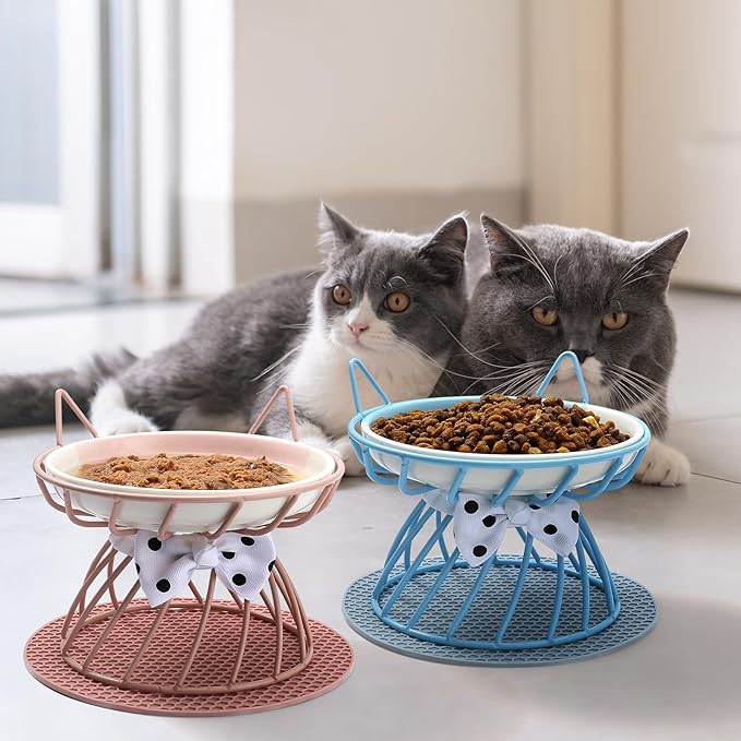 4-in-1 Elevated Pet Food Bowls - Ceramic, Non-Slip, Dishwasher Safe, Whisker-Friendly Stand for Cats & Puppies