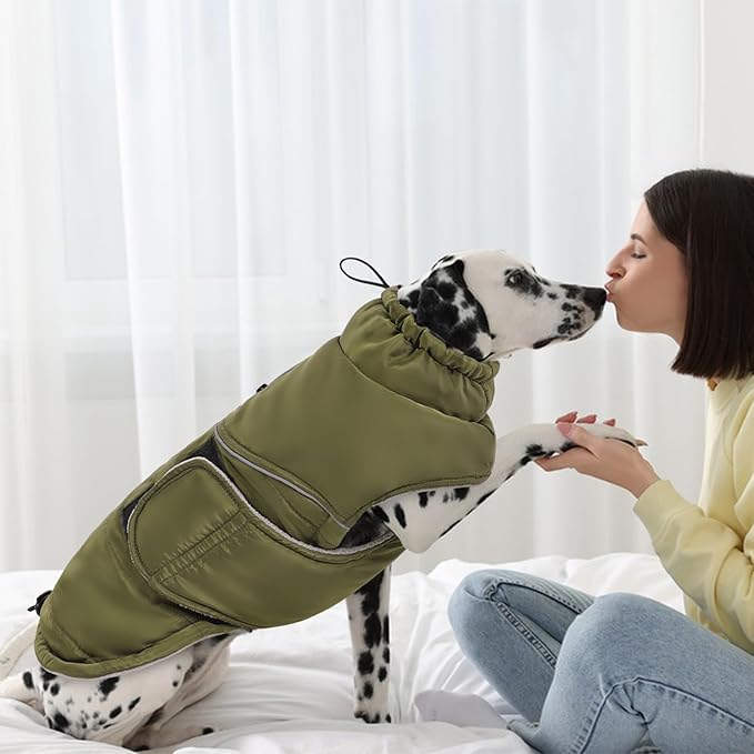 Peferhouse Warm Winter Coat for Large Dogs, Cold Weather Windproof Reflective Jacket With Harness Hole, Thick Vest ArmyGreen L