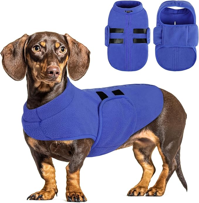 Queenmore Soft Fleece Dog Jacket, Warm Winter Coat with Leash Hole, Dachshund Sweaters for Small Dogs Cats Boy or Girl (Blue, S)