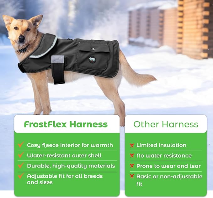 Joyride Harness FrostFlex Dog Winter Jacket - Fleece Lined & Water-Resistant - Snowsuit with Pockets for Treats & Poop Bags - Durable Cold Weather Dog Coat - Black Onyx-XXL