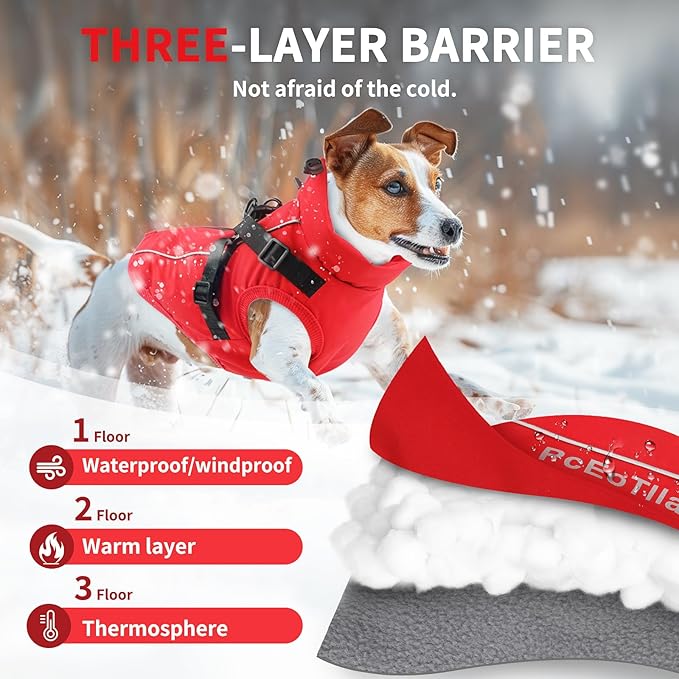 Dog Winter Coat Reflective Water-Resistant Jacket, Fleece Lined Windproof Puppy Coat with Back Zipper & D-Ring, Cold Weather Dog Coats for Small Medium Large Dogs (XL, Red)