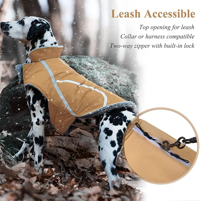 VIVAGLORY Frostfit Dog Coat, Dog Jacket for Winter & Cold Weather, Warm Fluffy Fleece Lined Water Resistant Reflective for Puppy, Coat with Velcro Fastening & Leash Hole, XXS, Khaki