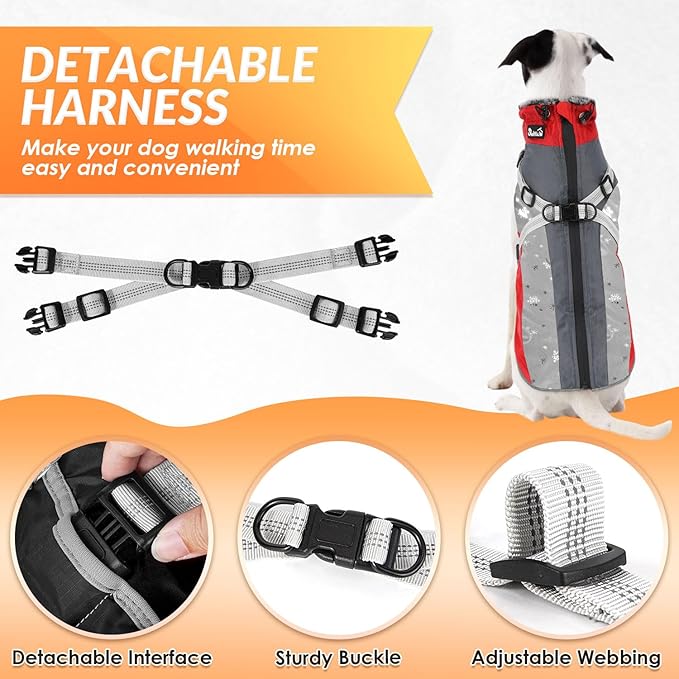 SlowTon Dog Jacket with Harness Built in - Waterproof Fleece Winter Warm Dog Coats for Small Medium Dogs, Reflective Adjustable Furry Puppy Vest Clothes for Outdoor Walking (Red & Black,XS)