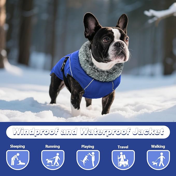 DENTRUN Extra Large Warm Dog Jacket - Windproof Water Repellent Reflective Coat, Adjustable Plush Turtleneck, Easy Wear Fleece Lined Cold Weather Vest for Great Dane, Blue, XXXL