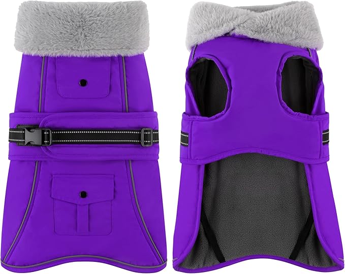 Dogcheer Dog Coat with Pocket, Waterproof Dog Jacket with Adjustable Buckle, Reflective Puppy Winter Coat Warm Turtleneck Fleece SnowJacket for Small Medium Large Dogs - Purple XL