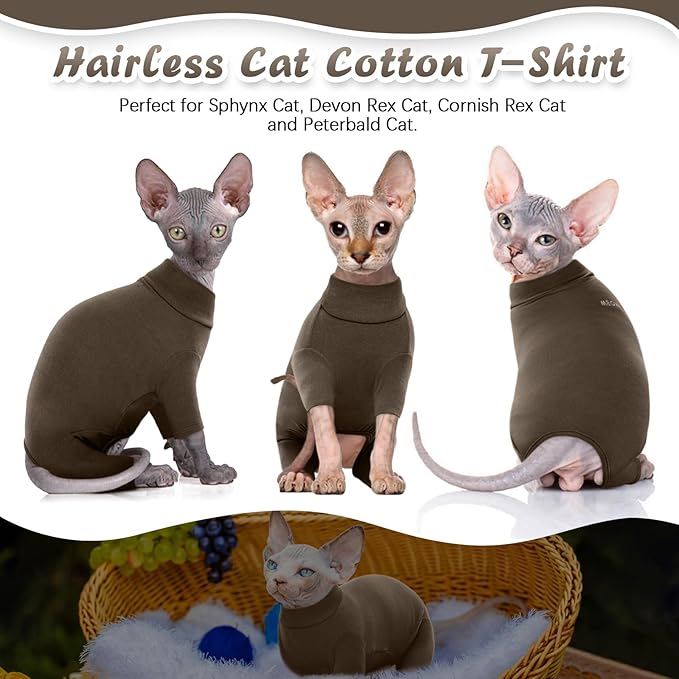 ROZKITCH Hairless Cat Shirt, Turtleneck Sweater for Cat, Sphynx Cats Shirt Hairless Sweaters with Sleeves, Warm and Soft Kitten Pullover Fleece Winter Pajamas Jumpsuit for Puppy Cats Coffee S