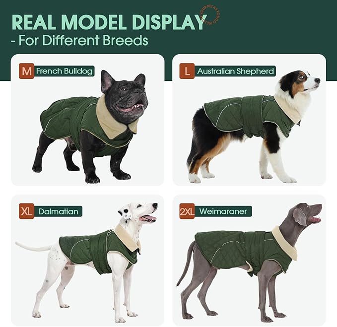 Kuoser Super-Warm Dog Coat, Windproof Cold Weather Coats for Extra Large Dogs, Fleece Lining Turtleneck Dog Snow Jacket with Reflective Strips Thermal Pet Winter Clothes, Green 2XL