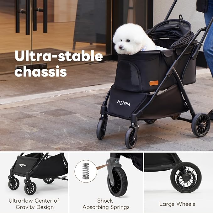 PETTENA Foldable Pet Stroller,4 Wheels Pet Strolling Cart for Small Dogs Cats up to 44 Lbs, Pet Travel Carrier Strolling Cart with Storage Basket, Portable Dog Cat Stroller with Breathable Mesh, Black