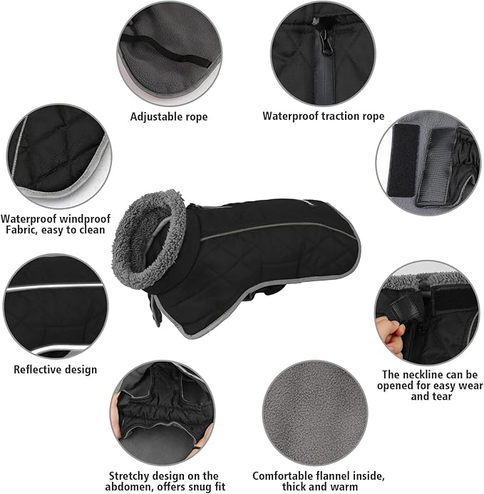 Fragralley Dog Coat Small, Waterproof Dog Jacket with Warm Fleece Lining, Adjustable Reflective Dogs Winter Coat, Turtleneck Pet Coats for Cold Weather (Black S)