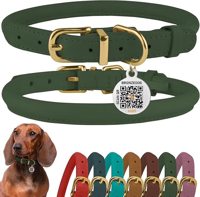 BronzeDog Rolled Leather Dog Collar with QR ID Tag, Adjustable Soft Round Collars for Small Medium Large Dogs Puppy (11" - 14 1/2" Neck Size, Emerald Green)