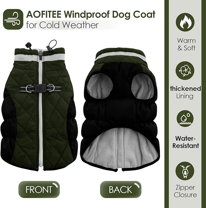 AOFITEE Dog Coat, Warm Dog Jacket, Reflective Winter Coats for Medium Dogs, Turtleneck Dogs Winter Jacket with Harness Built in, Waterproof Windproof Pet Fleece Vest Puffer Jacket, Green M