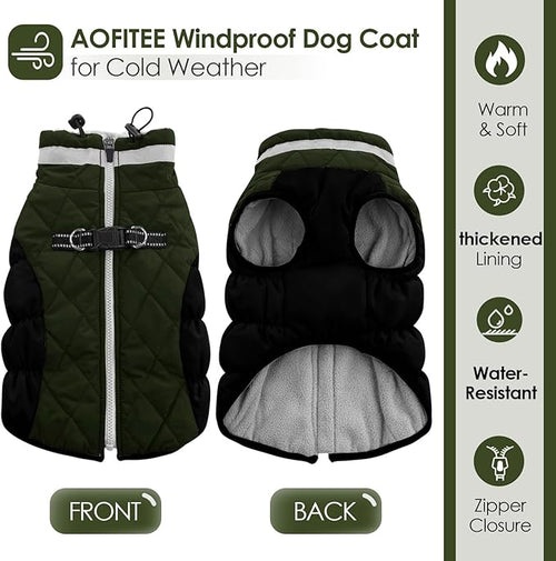 AOFITEE Dog Coat, Warm Dog Winter Coat for Large Dogs, Reflective Turtleneck Dogs Jacket with Harness Built in, Waterproof Windproof Pet Puffer Jacket Fleece Vest for Cold Weather, Green XXXL