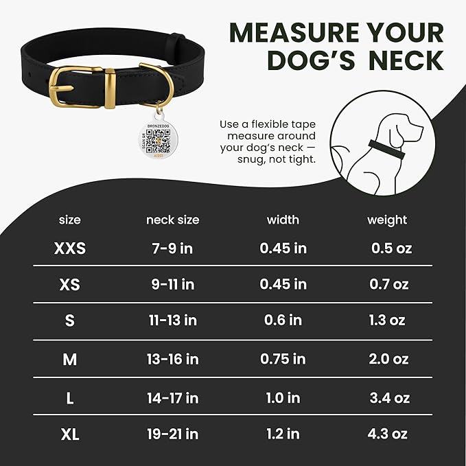 BRONZEDOG Leather Dog Collar with QR ID Tag Basic Pet Collars for Small Mini Dogs Cats Puppies (7-9 Inch (Pack of 1), Black & Gold Buckle)