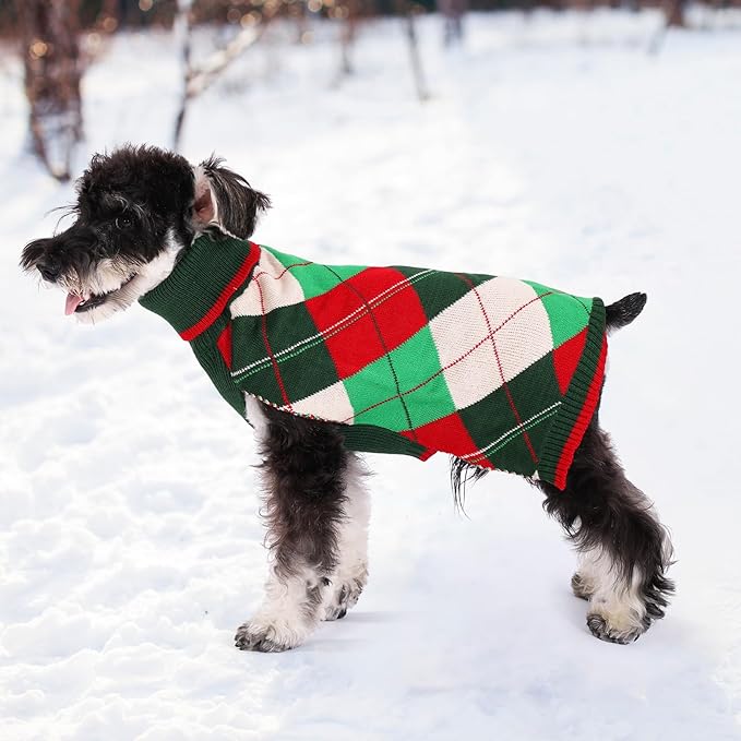 KOOLTAIL Dog Christmas Sweater Pet Knitted Clothes - Classic Plaid Pull Over Turtleneck Dog Sweaters with Leash Hole Warm Dogs Winter Clothing for Small Medium Dogs Cats Puppy Boy Girl Red & Green L