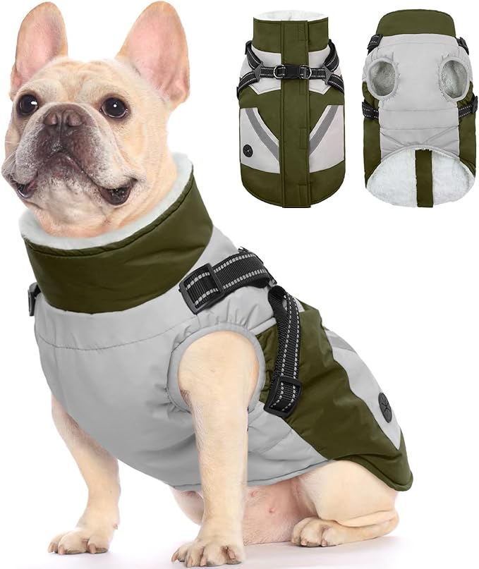 FUAMEY Dog Winter Jackets for Small Dogs,Dog Coat with Harness Built in,Waterproof Dogs Snowsuits Warm Pet Jacket Zip Up Fleece Cold Weather Coats Reflective Puppy Vest with Pocket Green S