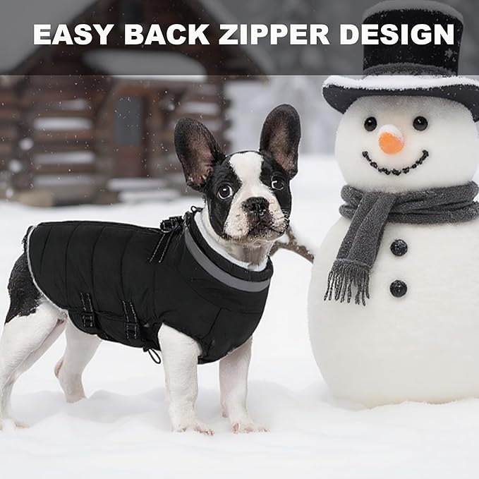 Large Dog Coat with Harness Built-in, Waterproof Reflective Fleece Lined - Warm Windproof Winter Jacket with Back Zipper, Cold Weather Snow Dog Coats - Black - 2XL