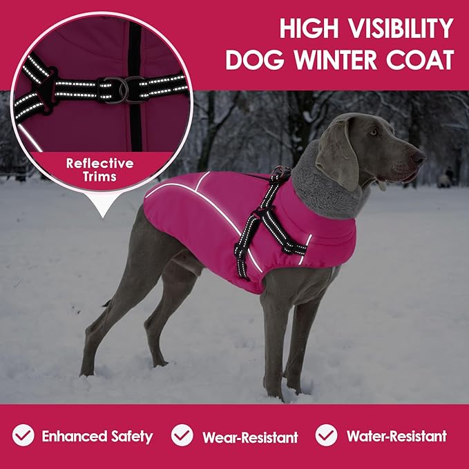 AOFITEE Dog Winter Coat, Waterproof Dog Jacket with Harness Built in, Warm Fleece Dogs Coats for Medium Dogs, Reflective Cozy Thermal Pet Puffer Jacket Snowsuit with Zipper & Furry Collar, Pink M