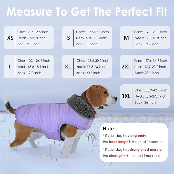 Dog Winter Coat, Waterproof Dog Jacket with Leash Hole, Reflective Adjustable Pet Snow Vest, Warm Fleece Sweater for Small Medium Large Dogs - Light Purple, L