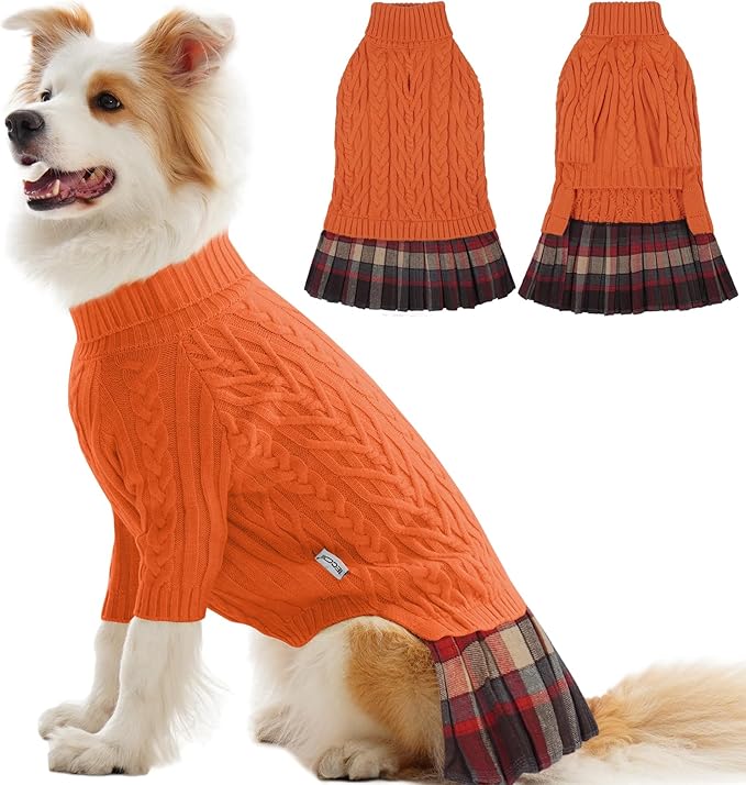 IECOii XL Dog Sweater Dress for Large Dogs Girl, Cable Knit Winter Dress for Female Dogs, Orange, XLarge, Soft Girl Dog Sweater with Tartan Plaid Skirt Cute Turtleneck Knitwear for Cold Weather