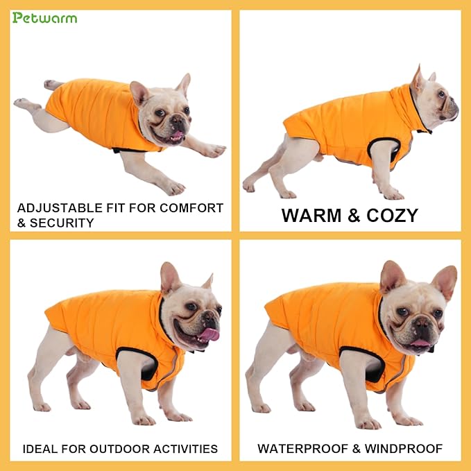 PetWarm Reversible Dog Cold Weather Coats, Waterproof Dog Puffer Vest, Vest for Dogs with Hook-and-Loop Strap, Windproof Outdoor Coat for Winter Walks and Snowy Days, Orange, L