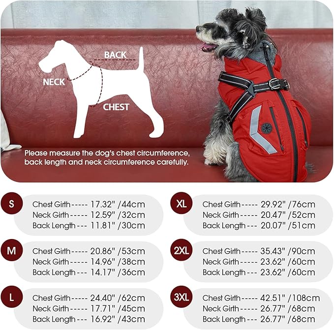 FUAMEY Small Dog Winter Coat with Harness Built in, Fleece Lined Dog Jacket Turtleneck, Pet Vest with Pockets, Back Zipper Puppy Winter Clothes, Doggy Cover for Cold Weather, Shih Tzu (Red, S)