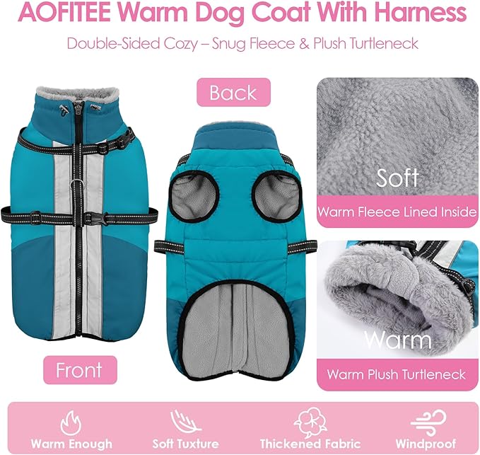 AOFITEE Dog Coat for Small Dogs, Warm Dog Winter Jacket with Harness Built in, Waterproof Small Winter Coat Dogs Reflective Cold Weather Coats for Chihuahua, Yorkshire, Turquoise XS