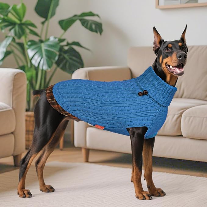 KYEESE Dog Sweater Stretchy Knitwear Cat Clothes Soft Pullover Dog Sweaters for Medium Dogs Boy Comfy Pet Coat for Fall Winter Cold Weather Warm Turtleneck Medium Dogs Sweater with Gingham Patchwork