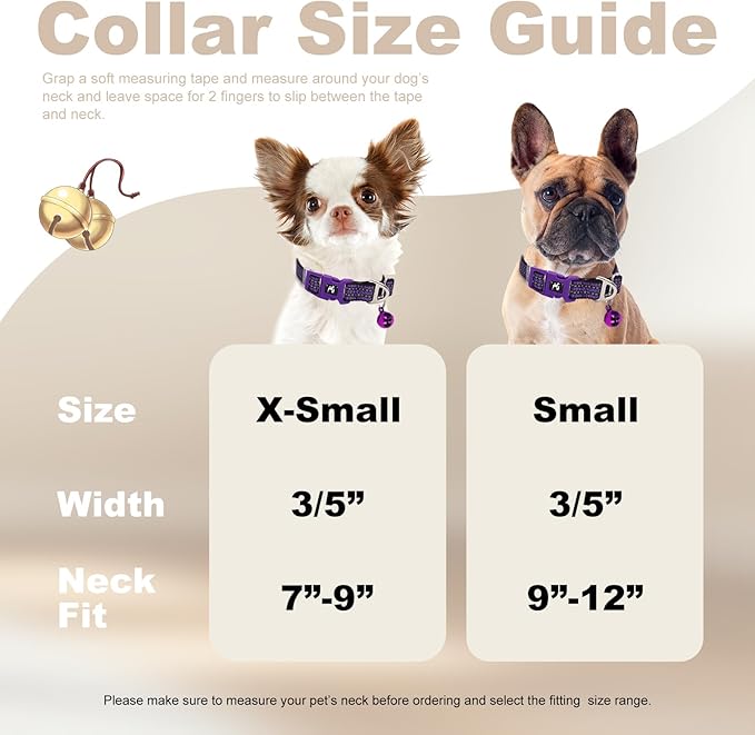 Small Dog Collar with Bell - Cute Reflective Puppy Collar Gift for Girl, Adjustable Nylon Collar for Chihuahua Pomeranian Nighttime Safety (Purple S)