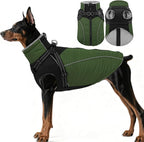ASENKU Reflective Dog Coat with Built-in Harness, Windproof Fleece-Lined Dog Jacket for Small, Medium, Large Dogs, Warm Winter Vest with Turtleneck & Zipper (Green L)
