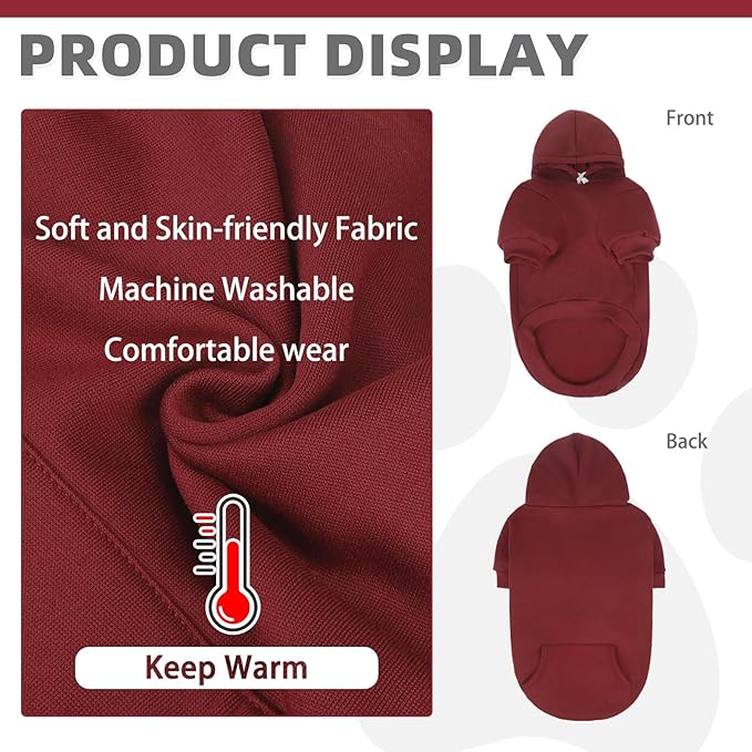 KOOLTAIL Basic Dog Hoodie - Soft and Warm Dog Hoodie Sweater with Leash Hole and Pocket, Dog Winter Coat, Cold Weather Clothes Sweatshirt for Small Medium Large Dogs Puppy Cat Boys Girls Deep Red XS