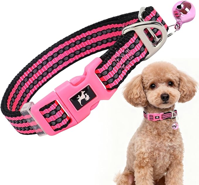 Small Dog Collar with Bell Reflective - Adjustable Tiny XS XXS Breed Collar for Girl Female,Night Walk Safety Accessory（Pink S）