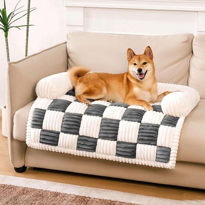 FUNNY FUZZY Pet Couch Covers for Sofa, Dog Couch Bed Washable Plush Pets Mat for Furniture Protector Cream Square Plaid Cozy Sofa Pad for Cats, Black