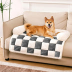 FUNNY FUZZY Pet Couch Covers for Sofa, Dog Couch Bed Washable Plush Pets Mat for Furniture Protector Cream Square Plaid Cozy Sofa Pad for Cats, Black