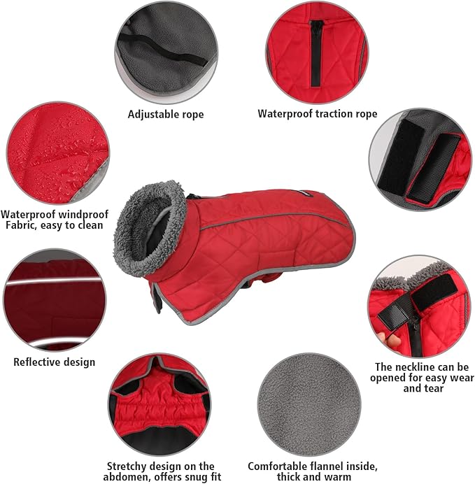 Fragralley Dog Coat Medium, Waterproof Dog Jacket with Warm Fleece Lining, Adjustable Reflective Dogs Winter Coat, Turtleneck Pet Coats for Cold Weather (Red M)