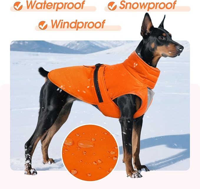 XXXL Dog Coat, Warm Dog Winter Jacket, Waterproof Dogs Snowsuit With Foldable High Collar, Reflective Strips, Leash Hole, And Adjustable Hook & Loop Closure - Ideal For Cold Weather- Orange 3XL