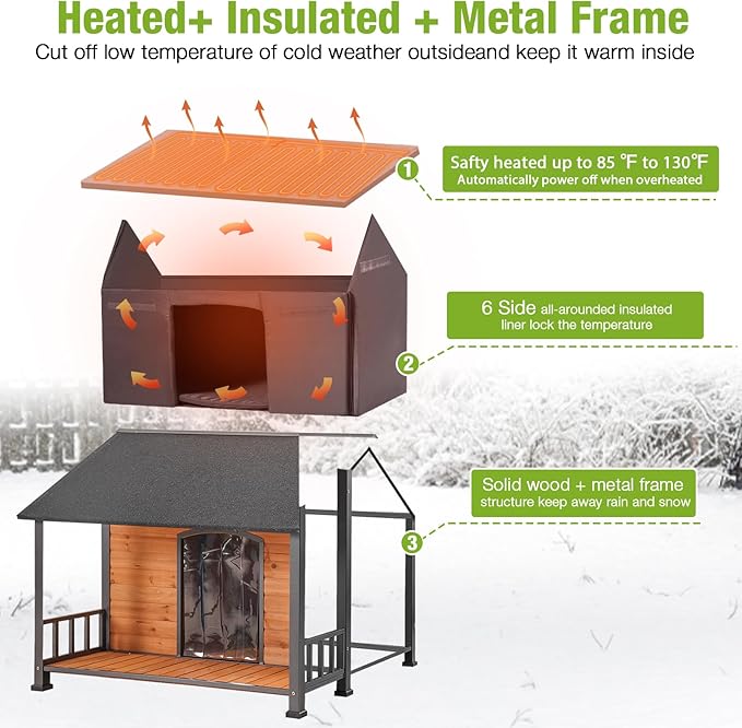 GUTINNEEN Heated Dog House for Outside Large Insulated Dog House Outdoor with Safe Heated Pad, Chew-Proof Metal Frame and Insulated Liner for Medium to Large Dogs, 44.5" L x 45" W x 35" H