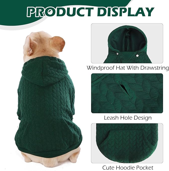 EXPAWLORER Textured Cable Knit Basic Dog Hoodie, Elevated Style Dog Sweater with Leash Hole and Pocket, Soft and Warm Pet Winter Coat, Cold Weather Clothes for Small Medium Large Dogs Cats,Green XXL