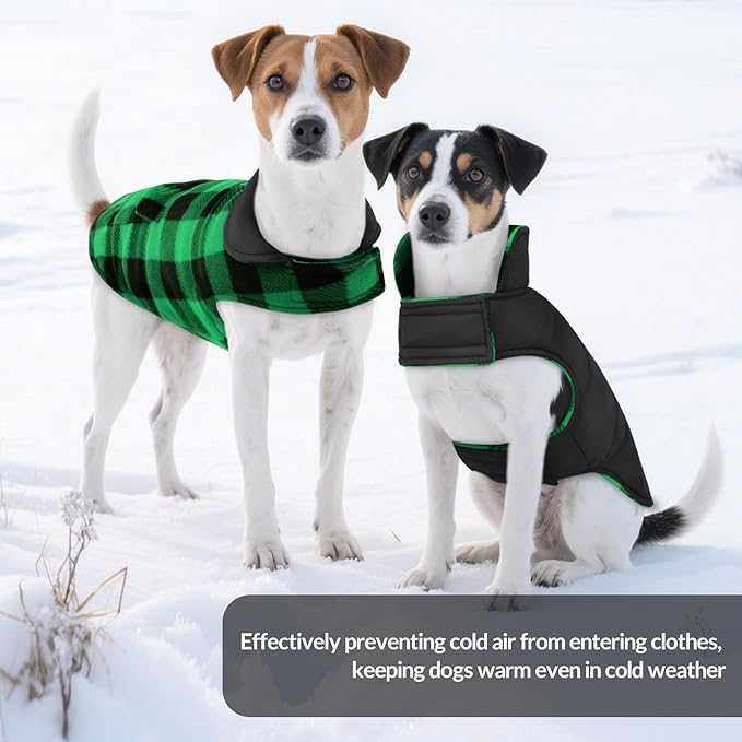 ASENKU Dog Winter Coat, Fleece Doggie Jacket Plaid Reversible Vest Waterproof Windproof Cold Weather Clothes for Small Medium Large Dogs (M, Green)