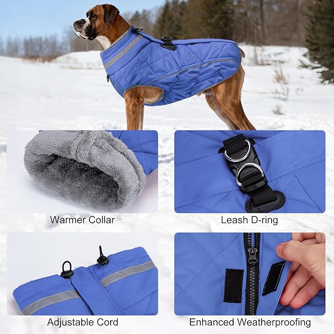 Dog Coat, Warm Dog Winter Coat for Large Dogs, Waterproof Jacket with Harness Built in, Reflective Turtleneck Cold Weather Coats with Zipper,Pet Fleece Vest Snow Jacket, Blue XL