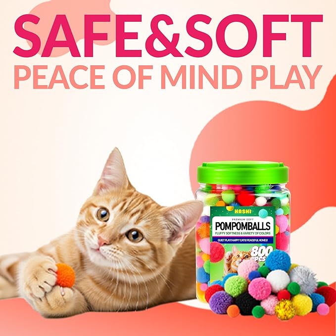 HA SHI Cat Toy Balls – 800-Pack Pom Pom Balls, Soft, Bouncy, Sparkle, Multi-Color & Mixed Sizes, No-Bell Toys for Indoor Cats & Kittens, Great for Quiet Night Play & Small Spaces