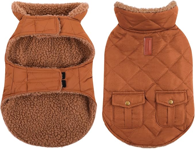 Queenmore Warm Puffer Dog Jacket, Ultra Thick Plush Lining with Storage Pockets (Brown, X-Small)
