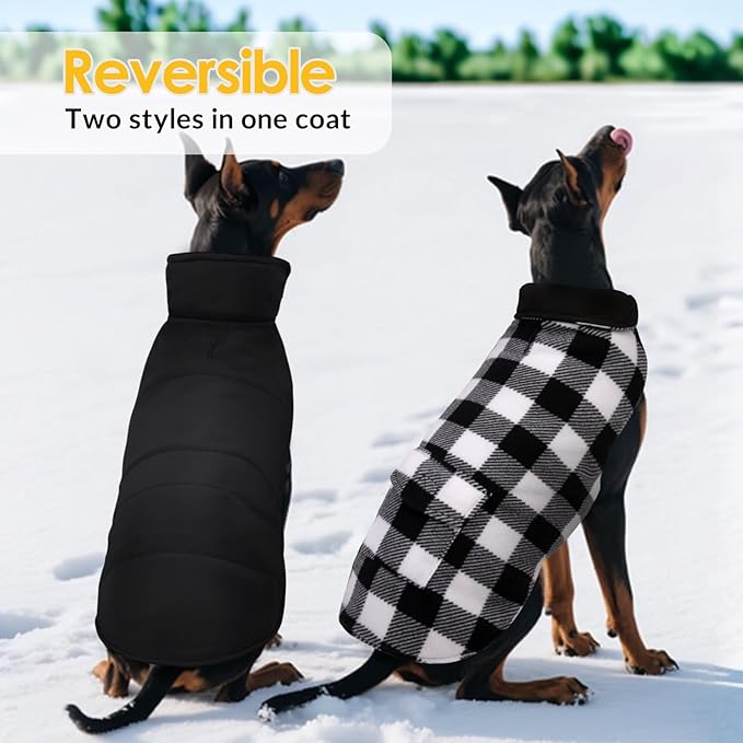 ASENKU Dog Winter Coat, Fleece Doggie Jacket Plaid Reversible Vest Waterproof Windproof Cold Weather Clothes for Small Medium Large Dogs (M, White)