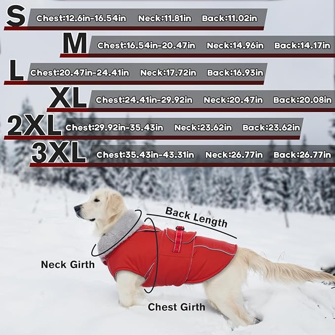 Lelepet Warm Dog Coat Waterproof Dog Jacket Reflective Fleece Vest with Adjustable Buckle Hook & Loop, Windproof Winter Jacket Dogs Coats for Small Medium Large Dogs, Red, XL
