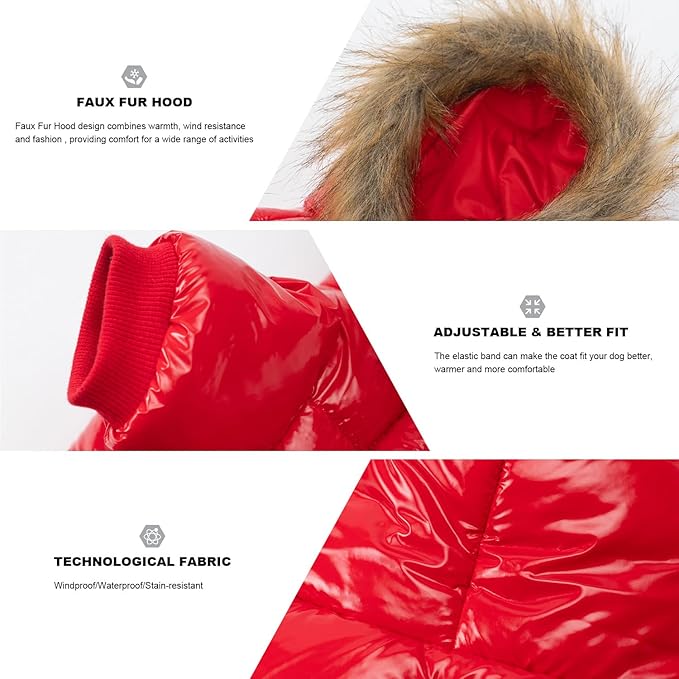 PINA Dog Winter Coat with Faux Fur Hood, Windproof and Warm, Suitable for Small to Large Dogs, Red, XXL