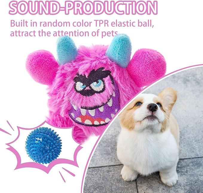 Squeaky Plush Ball Dog Toy, Little Monster Puppy Toys Suitable for All Breeds, Dental Care, Skin-Friendly and Soft and Durable (Rose Red, Large)