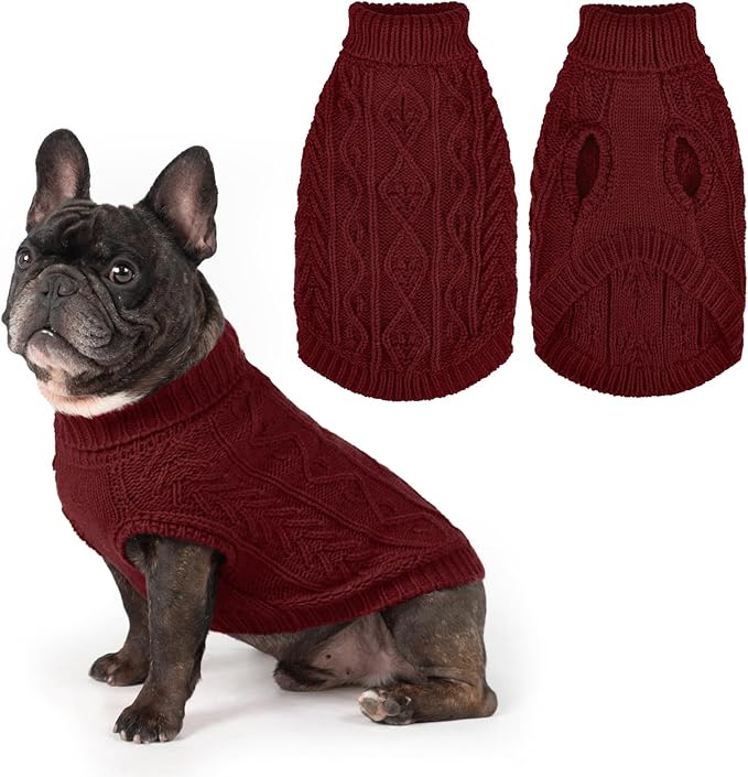 PUPTECK Dog Sweater, Turtleneck Warm Knitted Pullover Coat, Thick Cable Knitwear Clothes in Winter, Pet Apparel Outfits for Small Medium Dogs, for Cold Weather Indoor & Outdoor, Deep Red S